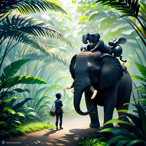 a man standing next to an elephant in a forest with a bunch of trees and plants on it's back