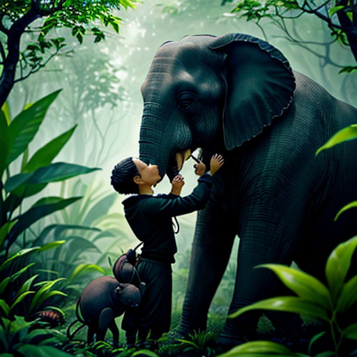a man and woman kissing in front of an elephant in the jungle with a forest background and trees and foliage