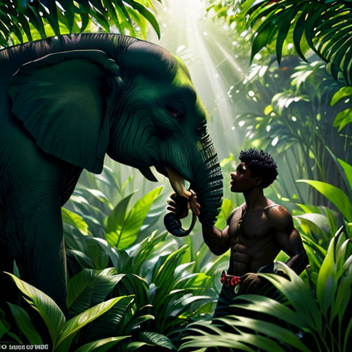 a man standing next to an elephant in a jungle with sunlight streaming through the leaves of the trees and plants