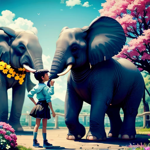 a girl is standing next to two elephants in a park with flowers and trees in the background, and a man is standing next to the elephants