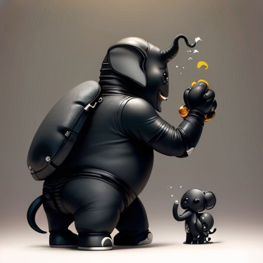 a black elephant and a small black elephant are standing in front of each other, one of them is blowing bubbles