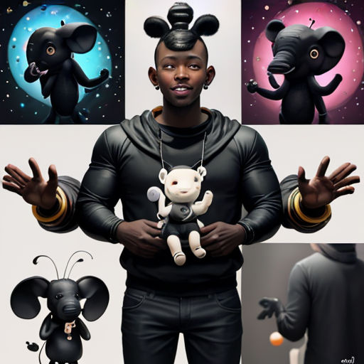 a man holding a stuffed animal in front of a wall of images of animals and people in black clothing