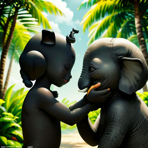 two elephants are touching each other in the jungle with palm trees in the background and a blue sky with clouds