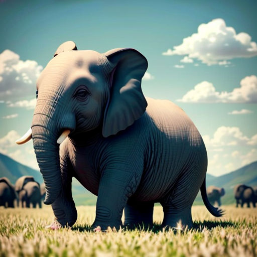 a large elephant standing in a field of grass with other elephants in the background and a blue sky with clouds