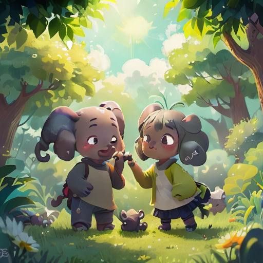 two little girls standing in the woods with an elephant and a baby elephant in front of them, both holding their trunks