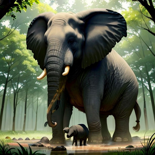 a large elephant and a small elephant in a forest with trees and rocks, and a stream of water