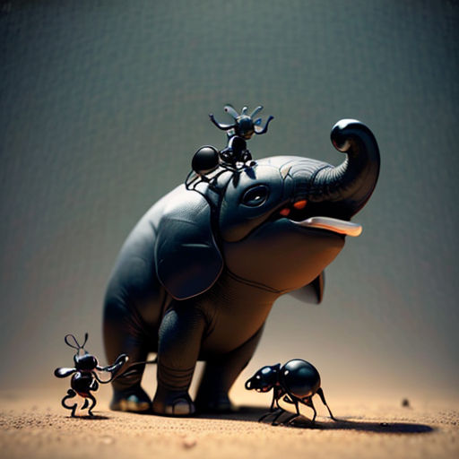 a group of ants are standing around a toy elephant and an elephant with a baby elephant on its back