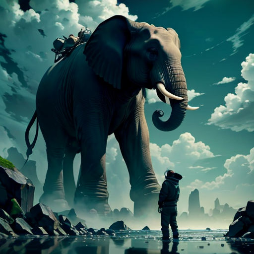 a man standing next to an elephant on a beach under a cloudy sky with a sky background and a man standing next to it