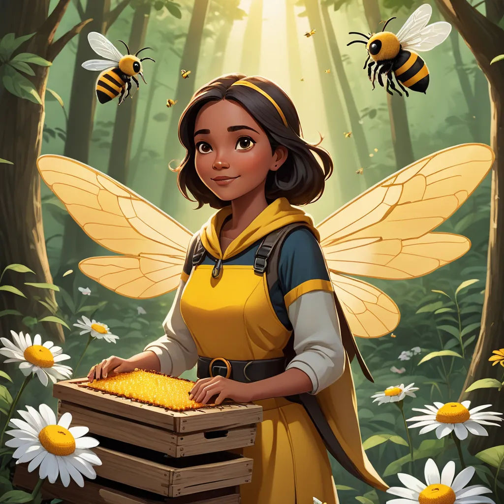 a cartoon character holding a beehive in a forest with daisies and bees flying around her,, fantasy art, a character portrait, Aaron Jasinski, official art