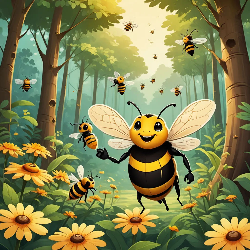 a cartoon bee flying in the air over a forest full of bees and flowers with a sun shining through the trees, environmental art, a storybook illustration, Beeple, storybook illustration