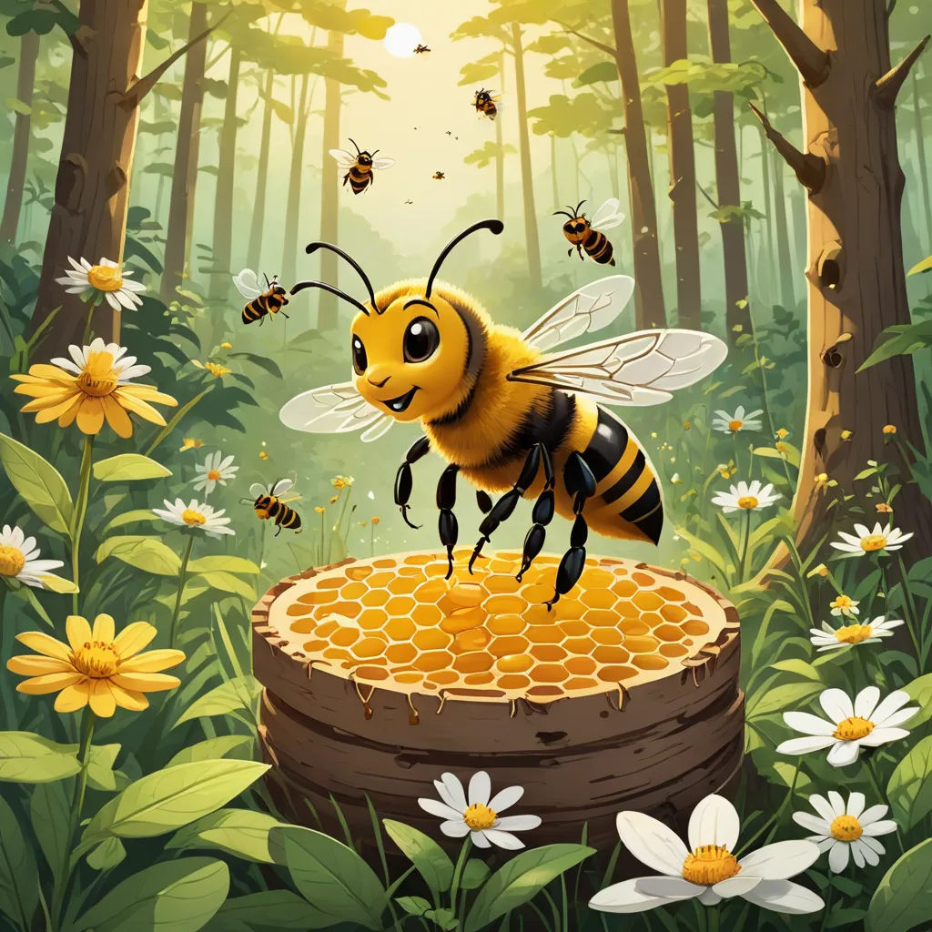 a bee is on a honeycomb in a forest with daisies and daisies around it, with a bee on the top of the honeycomb, environmental art, a storybook illustration, Chris LaBrooy, game art
