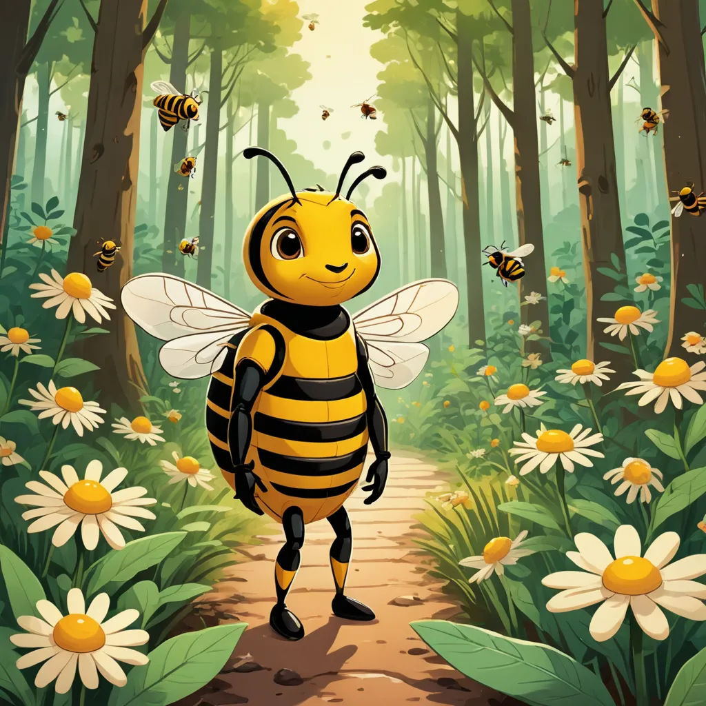 a cartoon bee standing in a forest with daisies and bees flying around it's head and body, environmental art, a storybook illustration, Anson Maddocks, promotional image