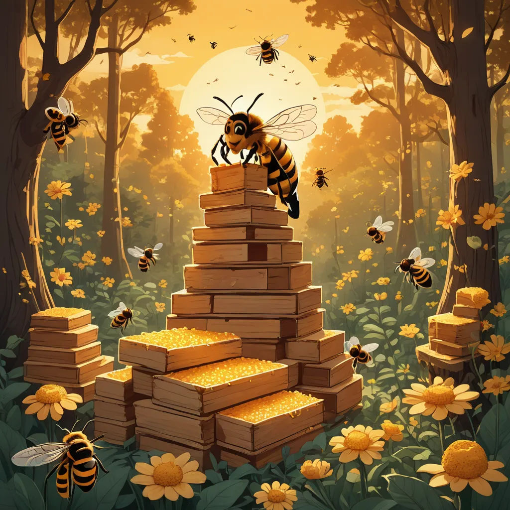 a painting of a bee on a stack of honeybees in a forest with bees flying around it, fantasy art, a storybook illustration, Chris LaBrooy, rossdraws global illumination