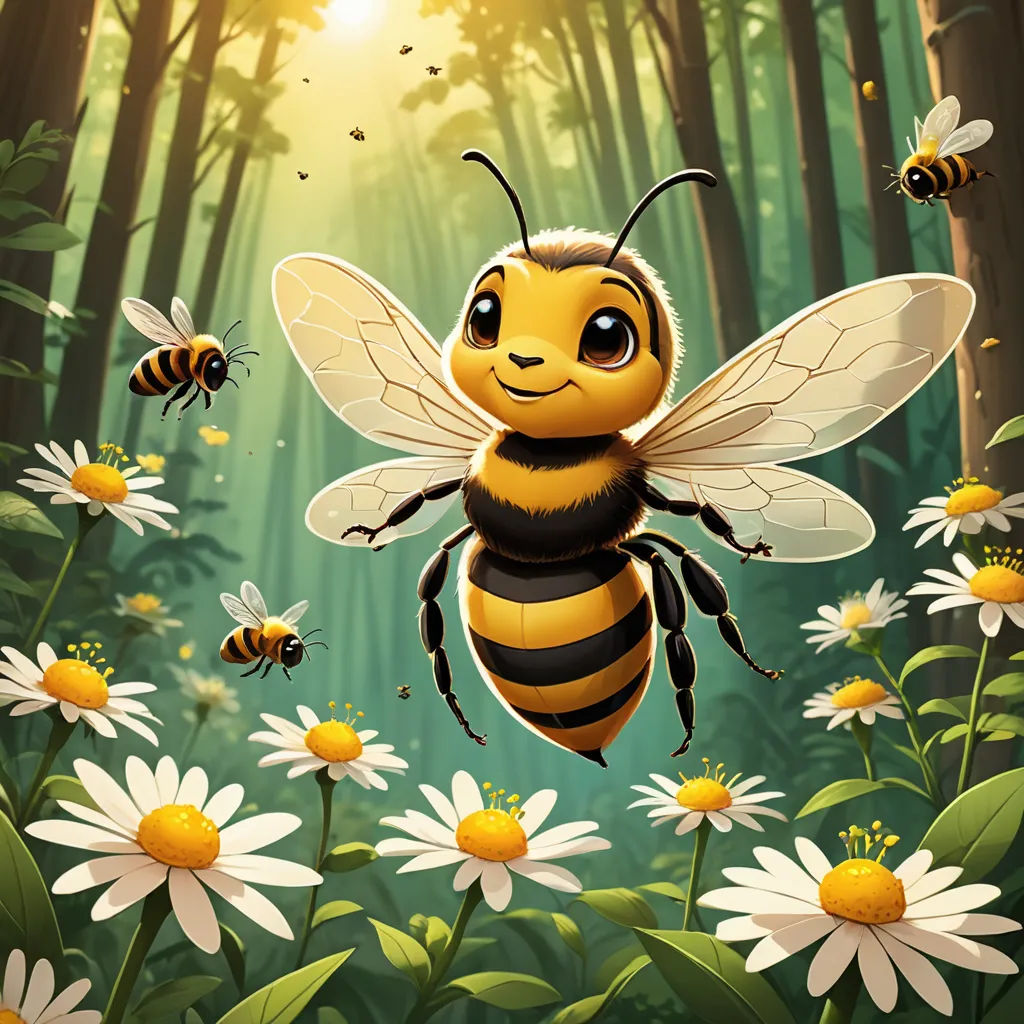 a bee flying over a forest full of flowers and bees with a sun in the background illustration by alex macdo, furry art, a storybook illustration, Anne Said, behance hd