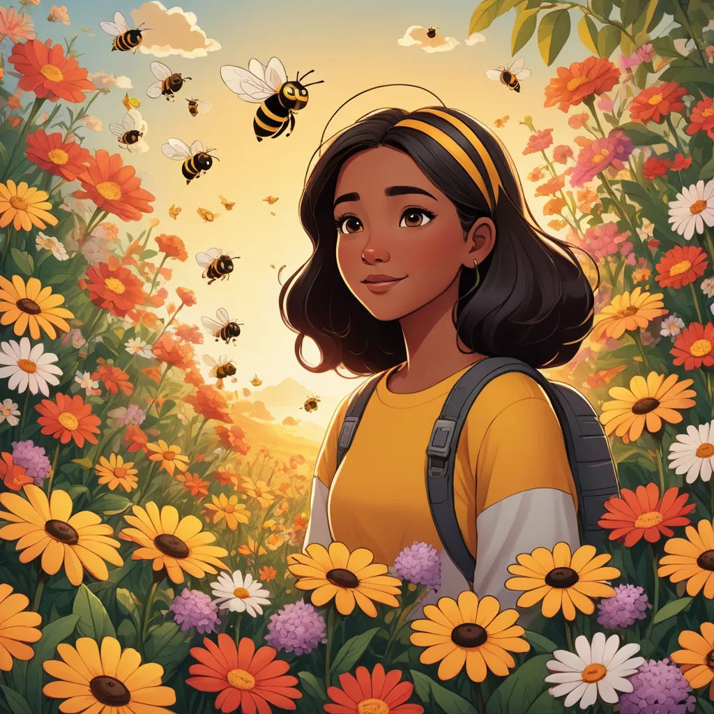 a girl in a field of flowers with a bee flying over her head and a sun in the background, context art, a storybook illustration, Colin Middleton, comic cover art