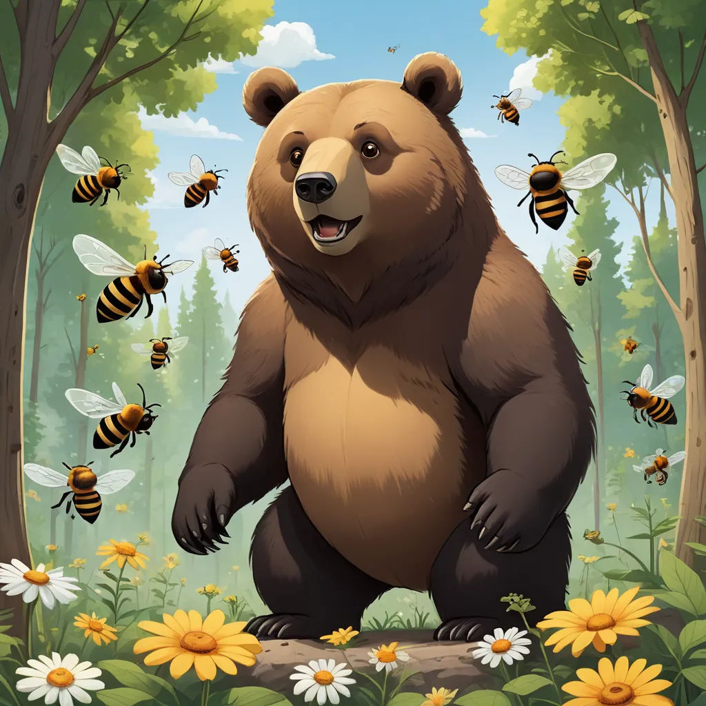 a bear standing in the middle of a forest with bees flying around it and a forest background with sunflowers, furry art, a character portrait, Chris LaBrooy, official art