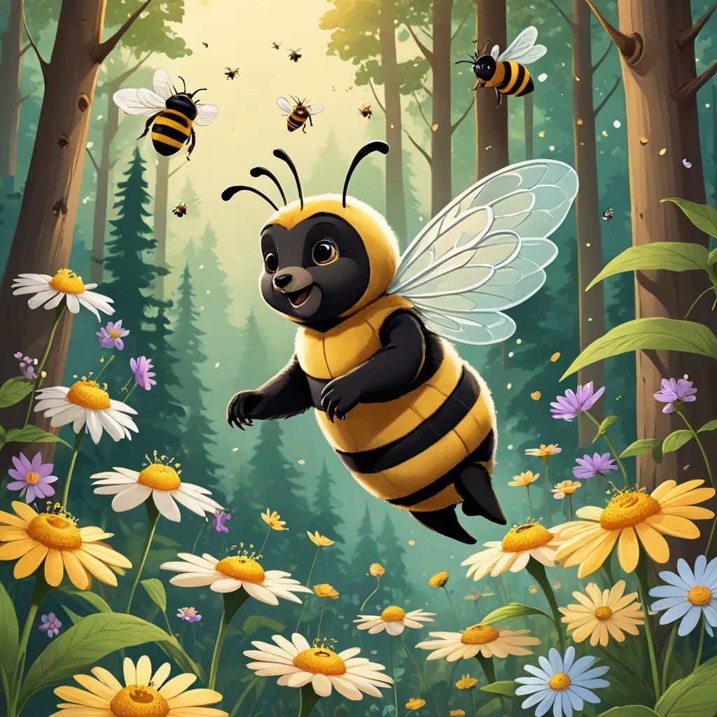 a cartoon bee flying over a forest filled with flowers and bees flying around it's perimeters,, fantasy art, a storybook illustration, Chris LaBrooy, highly detailed digital painting
