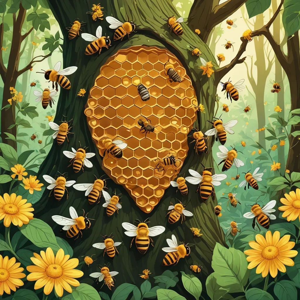 a painting of a honeycomb with bees around it in a forest with flowers and trees in the background, environmental art, a storybook illustration, Chris LaBrooy, storybook illustration