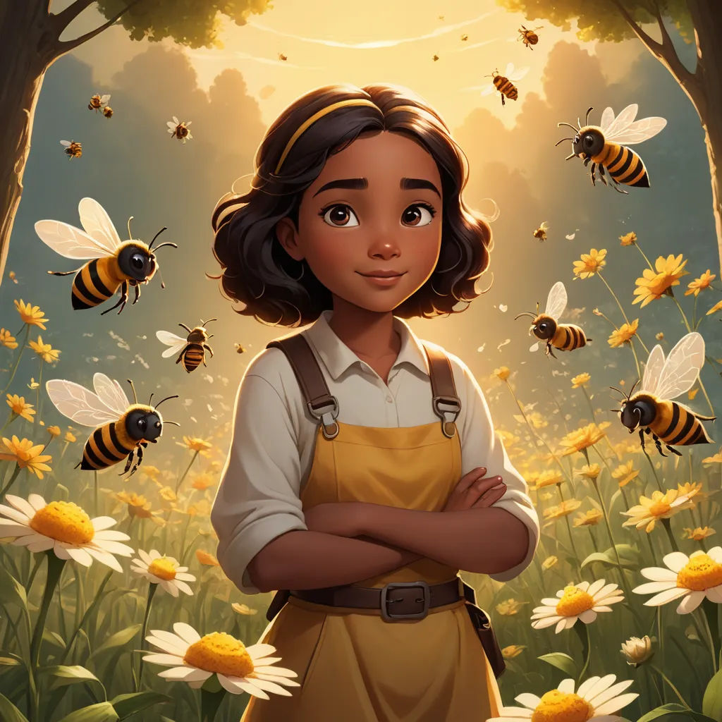 a girl standing in a field of flowers with bees flying around her and a sun shining behind her and a bunch of daisies, harlem renaissance, a character portrait, Aaron Jasinski, official art