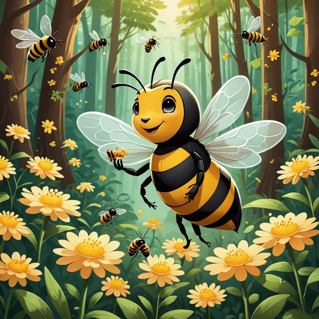 a bee flying over a forest full of yellow flowers and bees flying around it's perimeters with a sunlit forest in the background, fantasy art, a storybook illustration, Anson Maddocks, storybook illustration