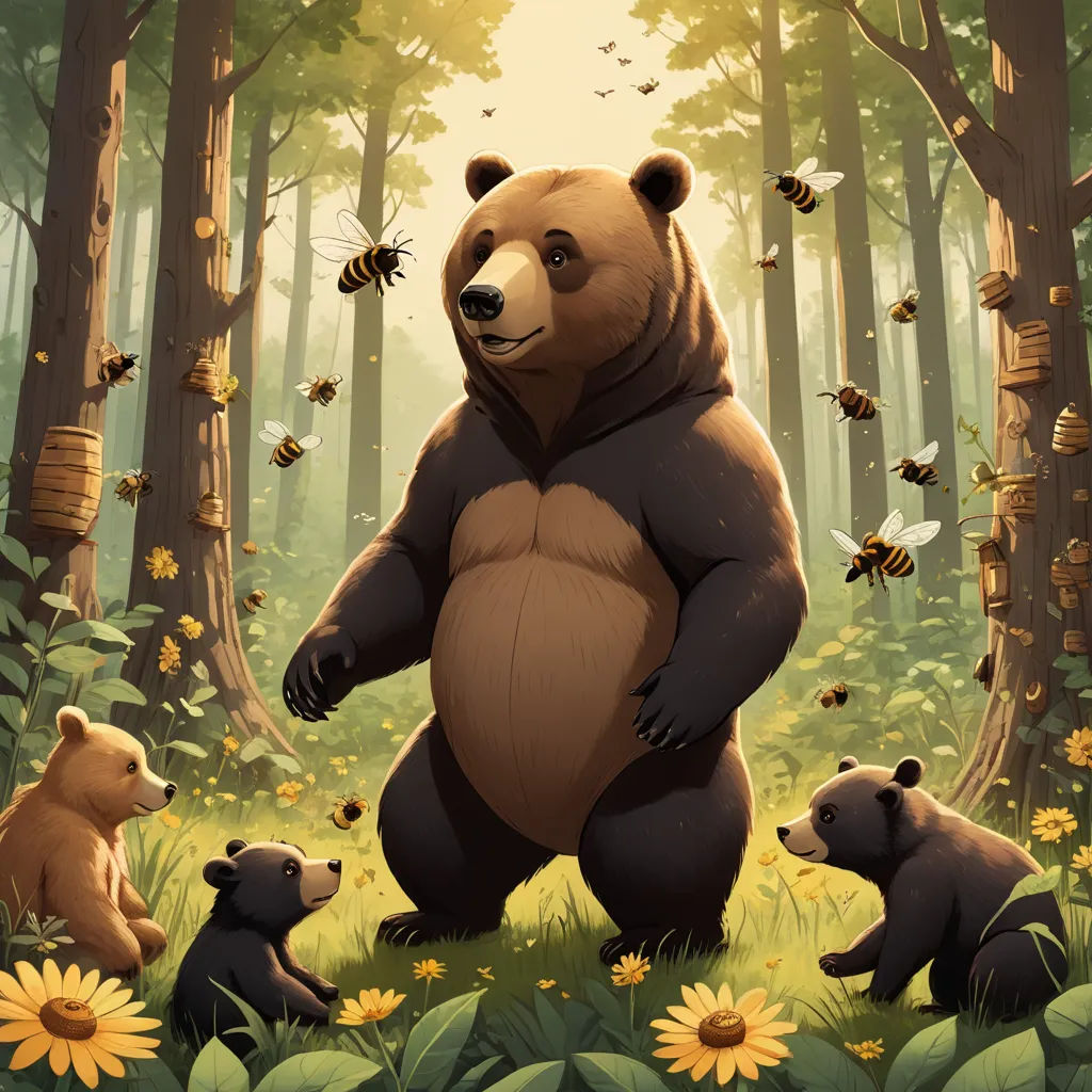 a bear and two cubs in a forest with bees flying around them and a sunflower in the foreground, furry art, a storybook illustration, Chris LaBrooy, official art