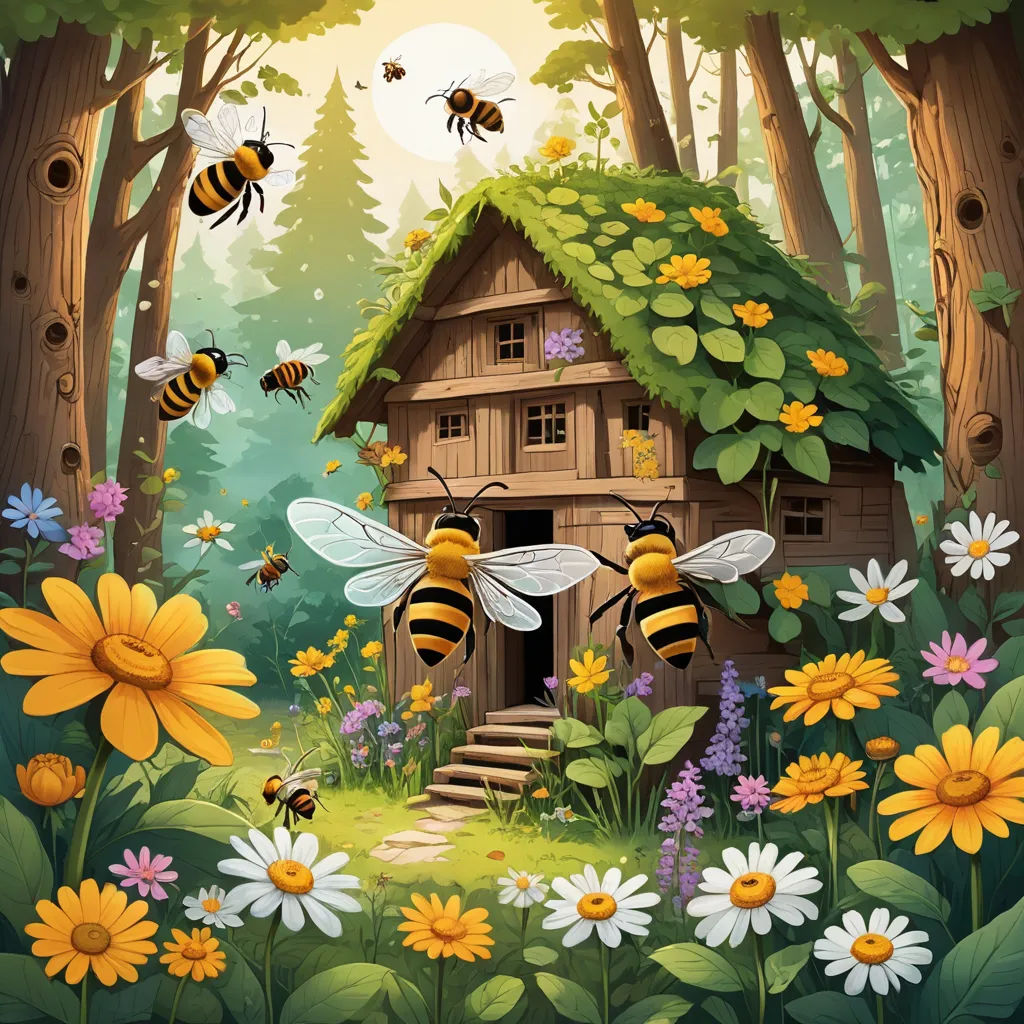 a painting of a house in the woods with bees flying around it and flowers around it, and a beehive in the foreground, fantasy art, a storybook illustration, David Martin, storybook illustration