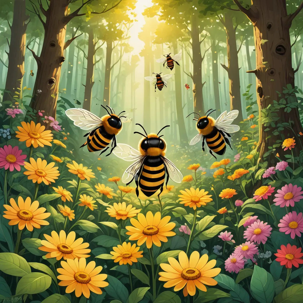 two bees flying over a forest full of flowers and bees flying over the trees and flowers in the sun, fantasy art, a storybook illustration, Chris LaBrooy, storybook illustration