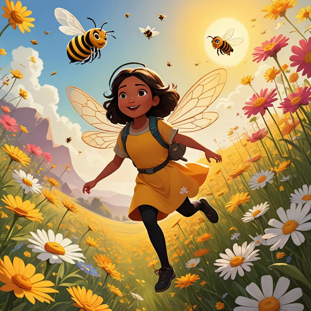a cartoon girl in a yellow dress is running through a field of flowers and bees flying overhead in the sky, environmental art, a storybook illustration, Cliff Childs, promotional image