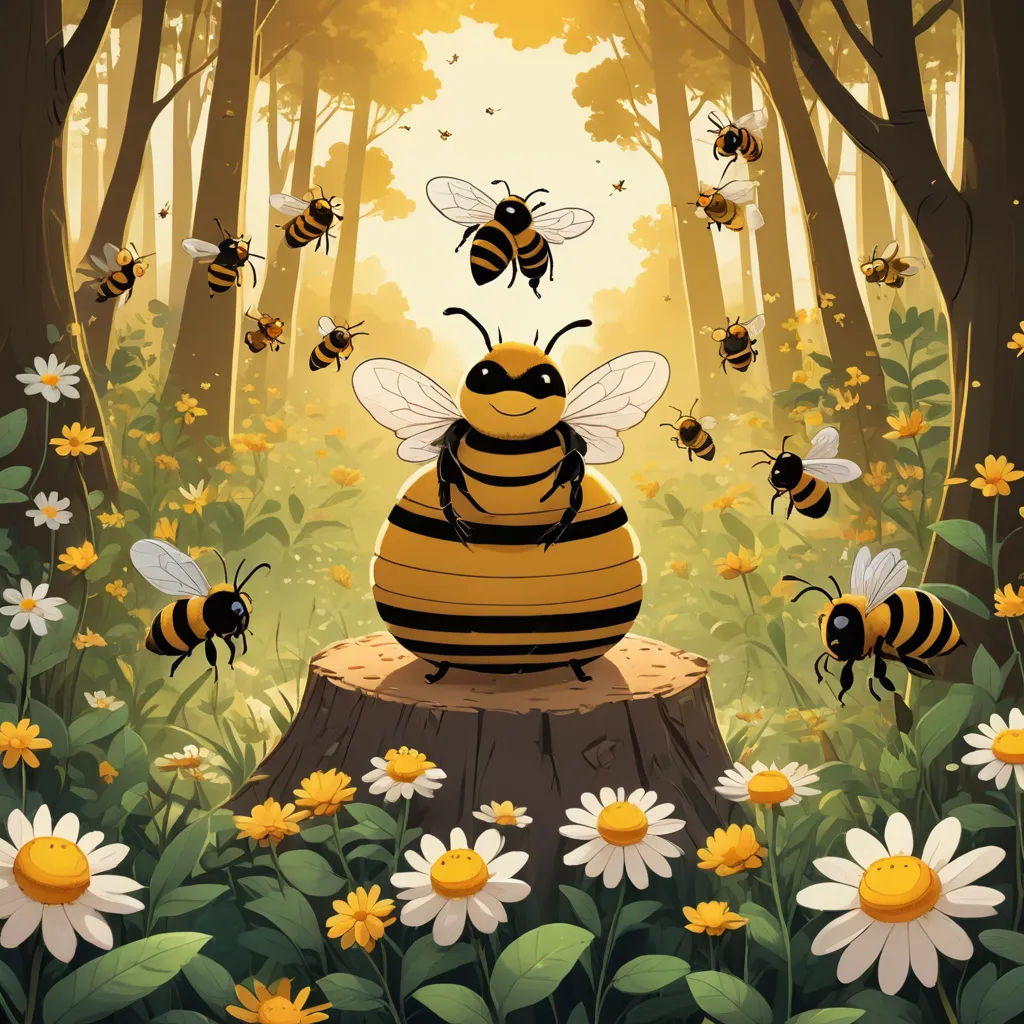a painting of a bee sitting on a stump in a forest with daisies and bees flying around it, environmental art, a storybook illustration, Chris LaBrooy, game art