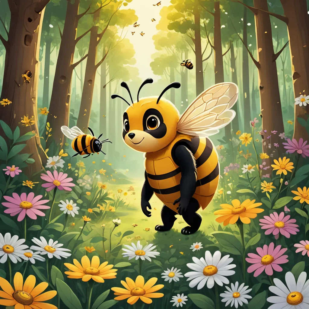 a cartoon bee in a forest with daisies and a bee flying towards it's own beehive, furry art, a storybook illustration, Chris LaBrooy, behance hd