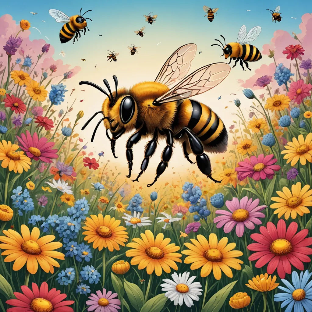 a painting of a bee flying over a field of flowers and daisies with bees in the background and a blue sky, pop surrealism, an airbrush painting, Chris LaBrooy, highly detailed digital painting