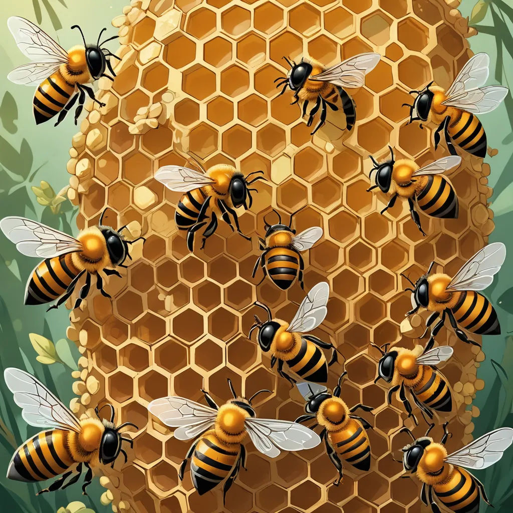 a bunch of bees are in a honeycomb with honey combs on it and a honeycomb with honey, ecological art, an illustration of, Dan Mumford, highly detailed digital painting