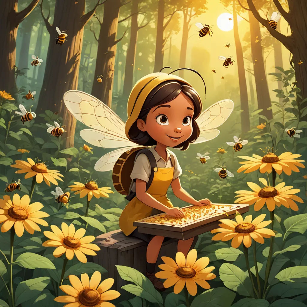 a cartoon girl sitting on a bench in a forest with bees flying around her and honeycombs in the foreground, fantasy art, a storybook illustration, Cliff Childs, promotional image
