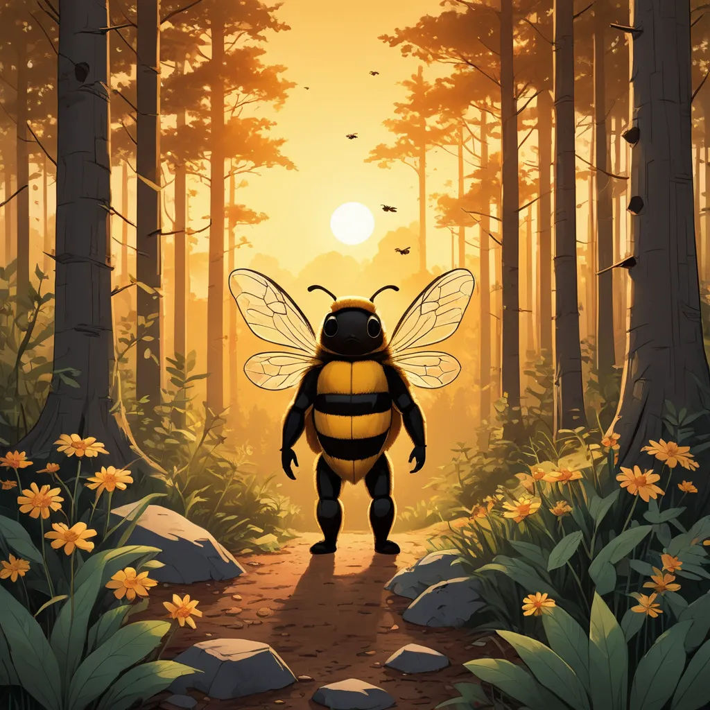 a cartoon bee standing in a forest with a sun in the background and flowers in the foreground, with a path leading to the center, environmental art, a storybook illustration, Chris LaBrooy, promotional image