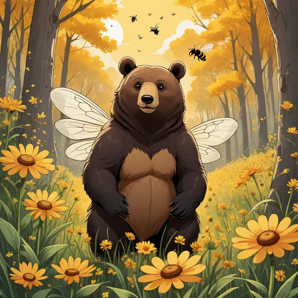 a bear standing in a field of flowers with a bee flying above it and a forest with yellow flowers, fantasy art, a storybook illustration, Chris LaBrooy, storybook illustration