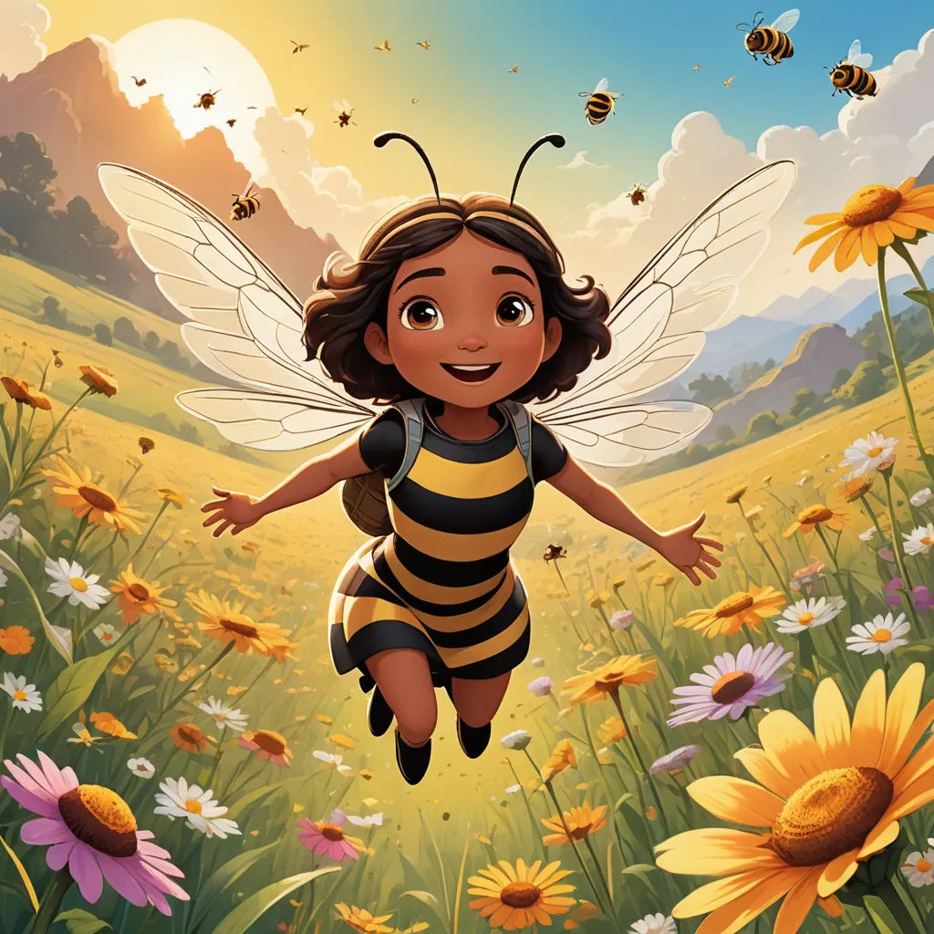 a cartoon character flying through a field of flowers and bees with a sunflower in the background and a bee in the foreground, furry art, a storybook illustration, Cliff Childs, promotional image