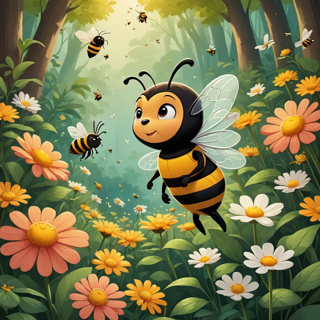 a cartoon bee flying over a forest full of flowers and bees with a bright sun in the background illustration, environmental art, a storybook illustration, Anson Maddocks, behance hd