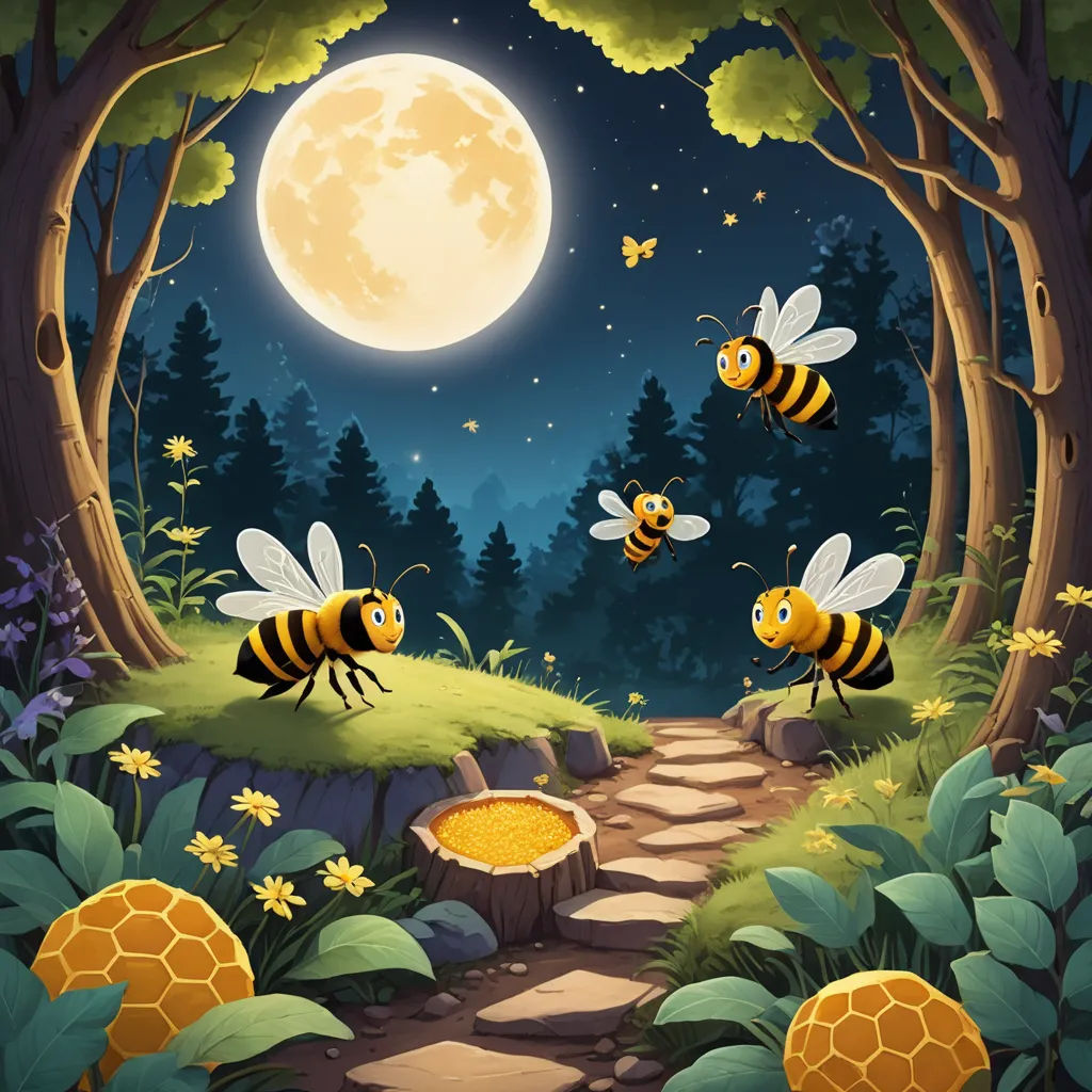 a cartoon scene of bees flying over a forest at night with a full moon in the background illustration by alex macdo, fantasy art, a storybook illustration, David Martin, storybook illustration