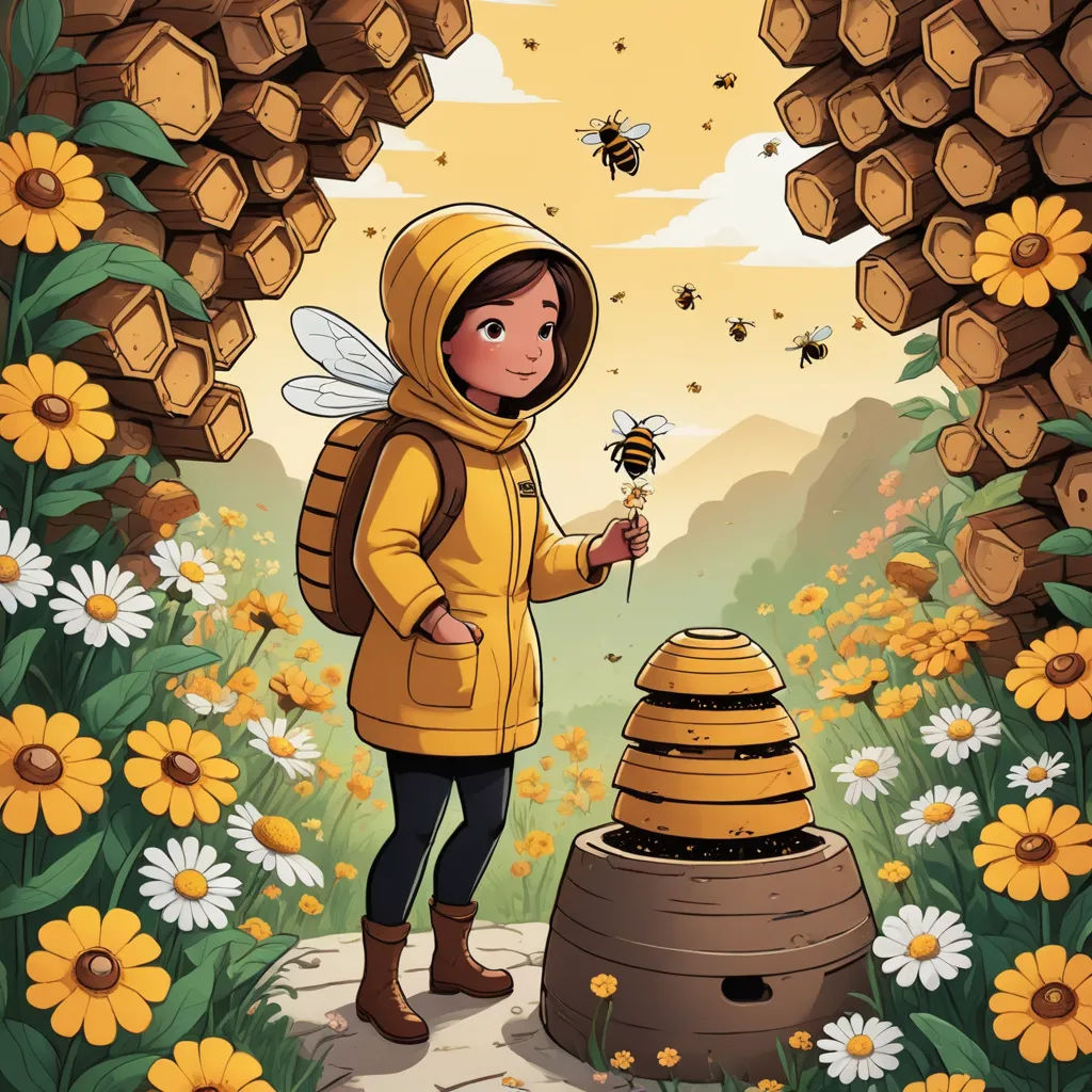 a girl in a yellow jacket holding a beehive in front of a honeycomb with a bee on it, environmental art, a storybook illustration, Colin Middleton, comic cover art