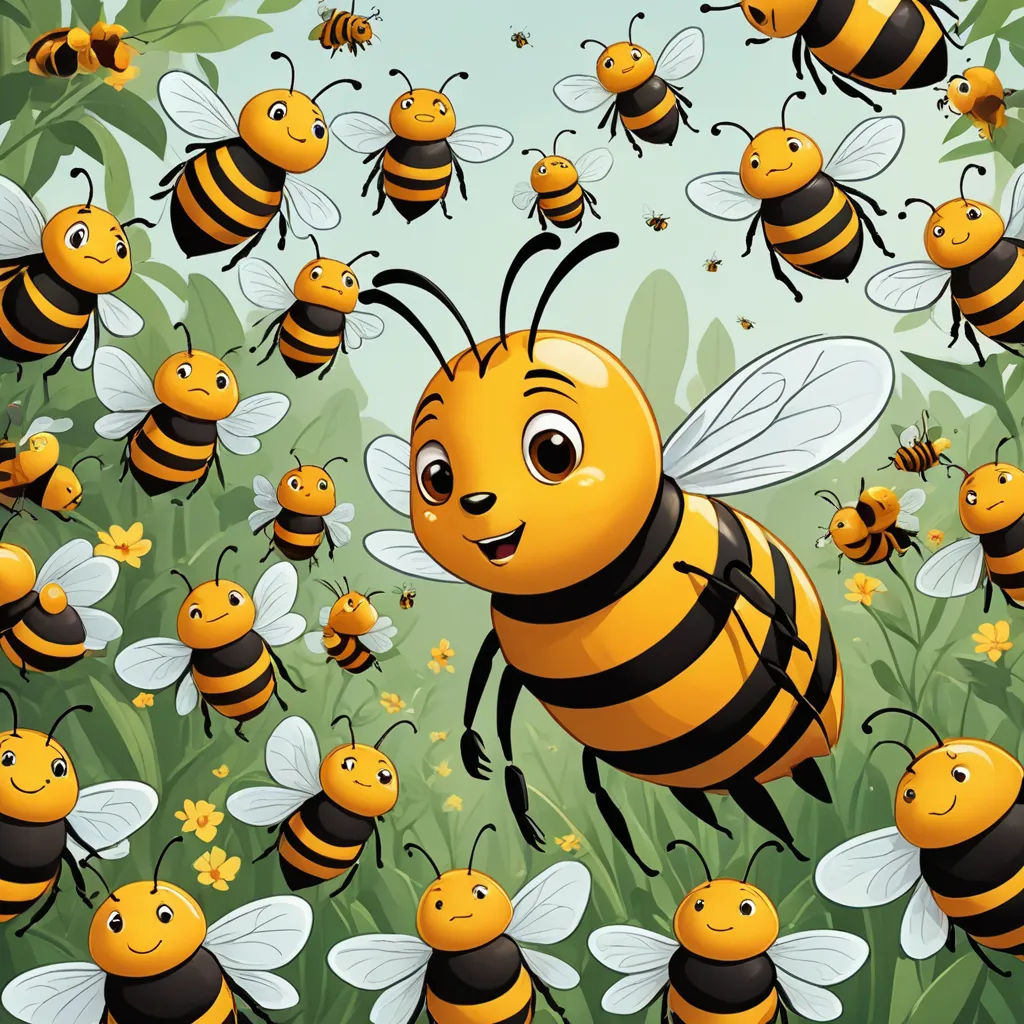 a bunch of bees flying around a field of flowers and leaves with a bee in the middle of the picture, incoherents, a storybook illustration, Andries Stock, detailed illustration
