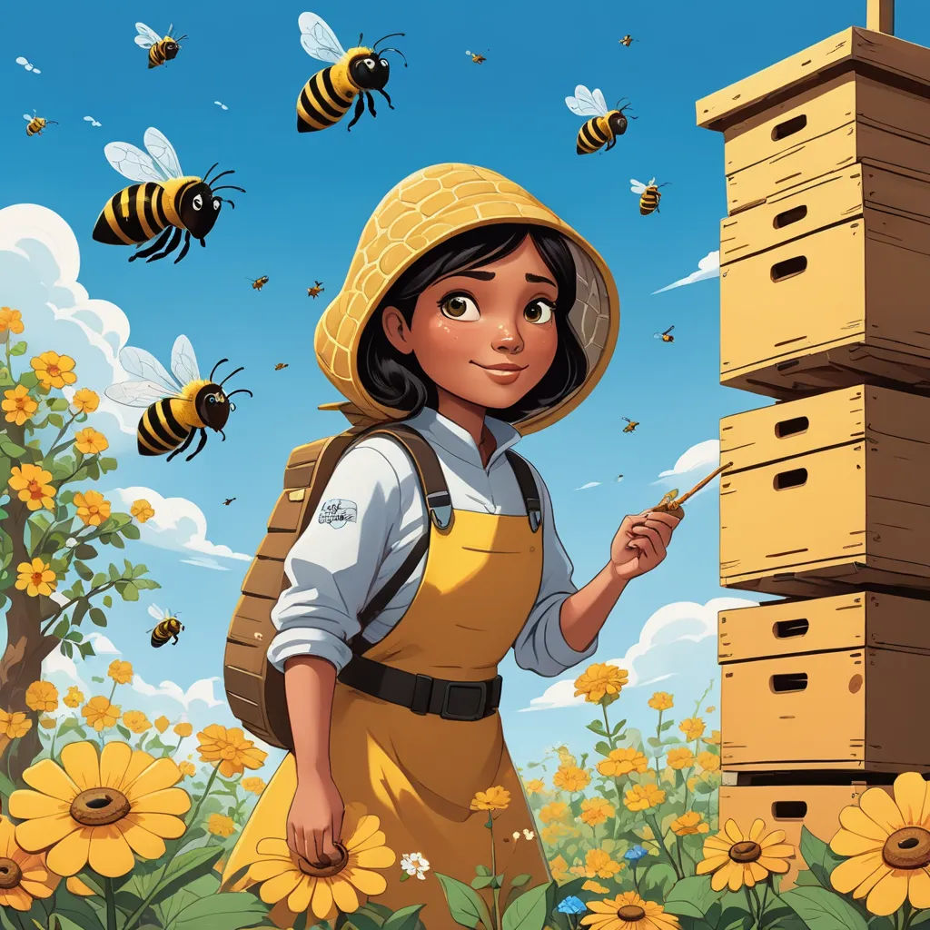 a woman in a bee suit is standing in front of a beehive and bees are flying around, environmental art, a storybook illustration, Colin Middleton, promotional image