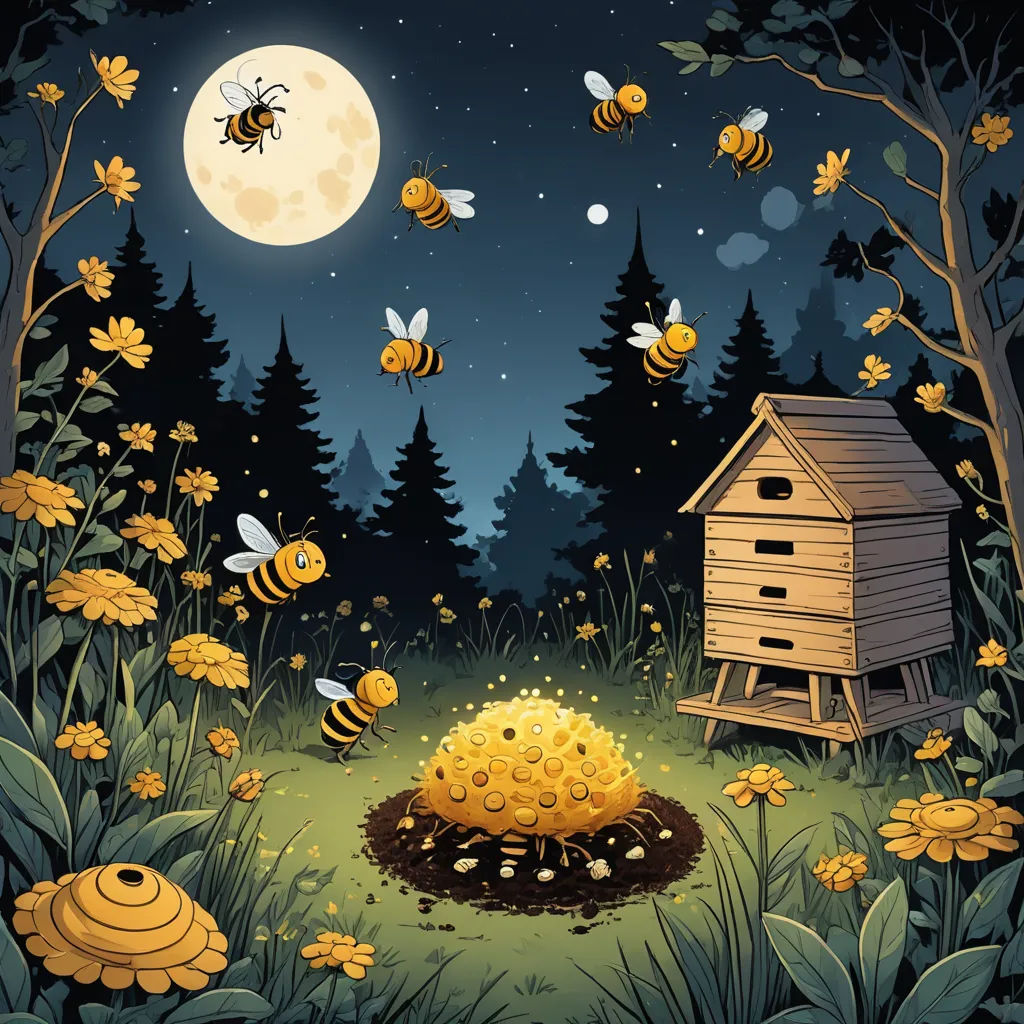 a beehive in a field with bees flying around it and a beehive in the background, pop surrealism, a storybook illustration, Dan Mumford, detailed illustration