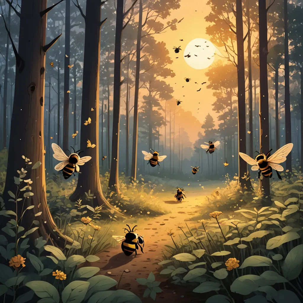 a painting of a forest with bees flying around the trees and a path leading to the sun in the distance, fantasy art, a storybook illustration, Dan Mumford, storybook illustration