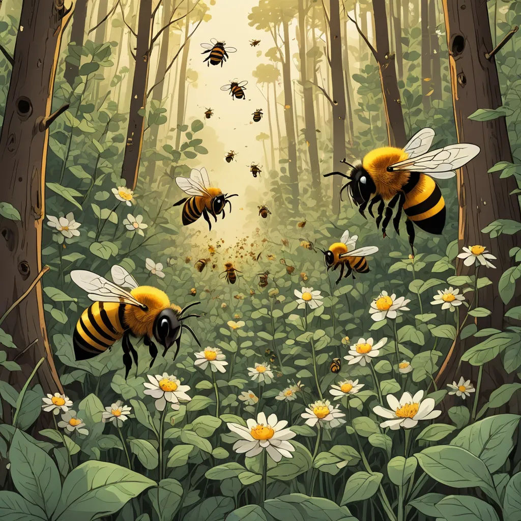 a painting of bees flying in the air over a forest filled with flowers and daisies with bees flying around, fantasy art, a storybook illustration, Dan Mumford, highly detailed digital painting