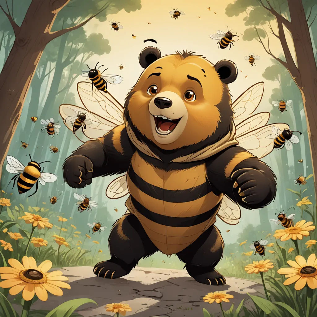 a cartoon bear with a honey suit on in a forest with bees flying around him and a bee on the ground, furry art, a storybook illustration, Chris LaBrooy, official art