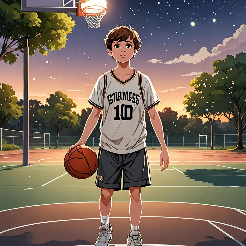 a boy in a basketball uniform holding a basketball on a basketball court at night with a basketball hoop in the air, magic realism, a storybook illustration, Anson Maddocks, official art