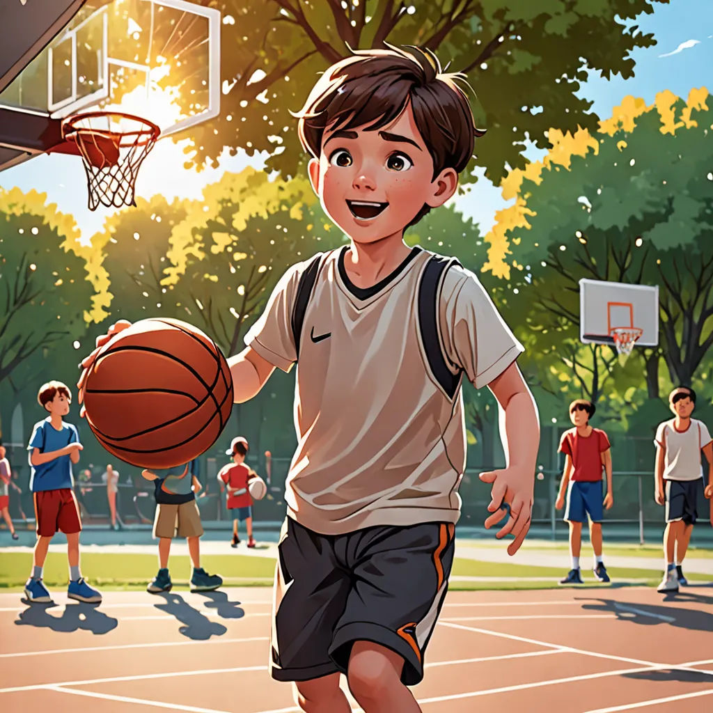 a boy is playing basketball on a court with other kids in the background and a basketball hoop in the foreground, american scene painting, a storybook illustration, Asaf Hanuka, rossdraws global illumination