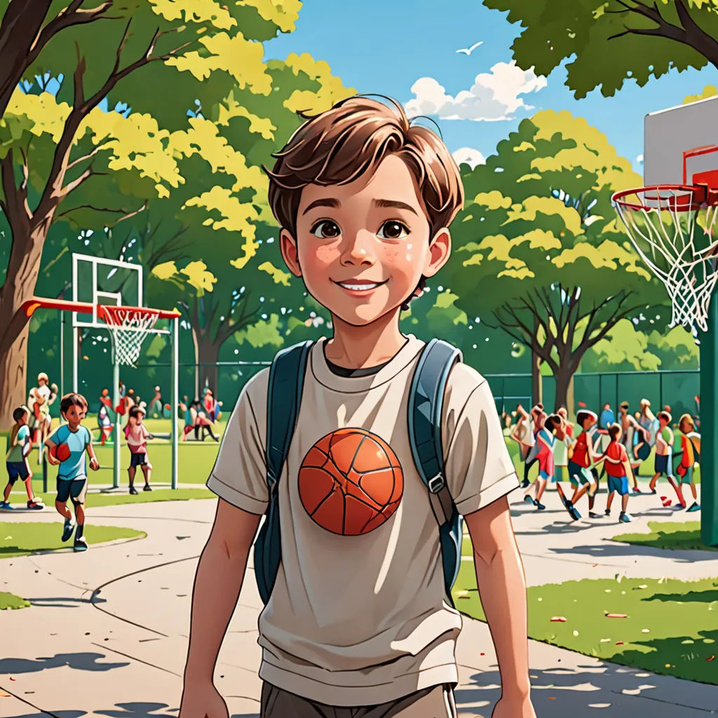 a boy with a basketball in his shirt and backpack walking down a sidewalk with a basketball in his backpack, american scene painting, a storybook illustration, Chris LaBrooy, rossdraws global illumination