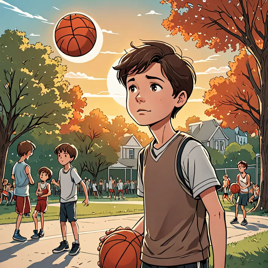 a boy is standing on a street with a basketball in his hand and a ball in the air above him, process art, a comic book panel, Asaf Hanuka, graphic novel