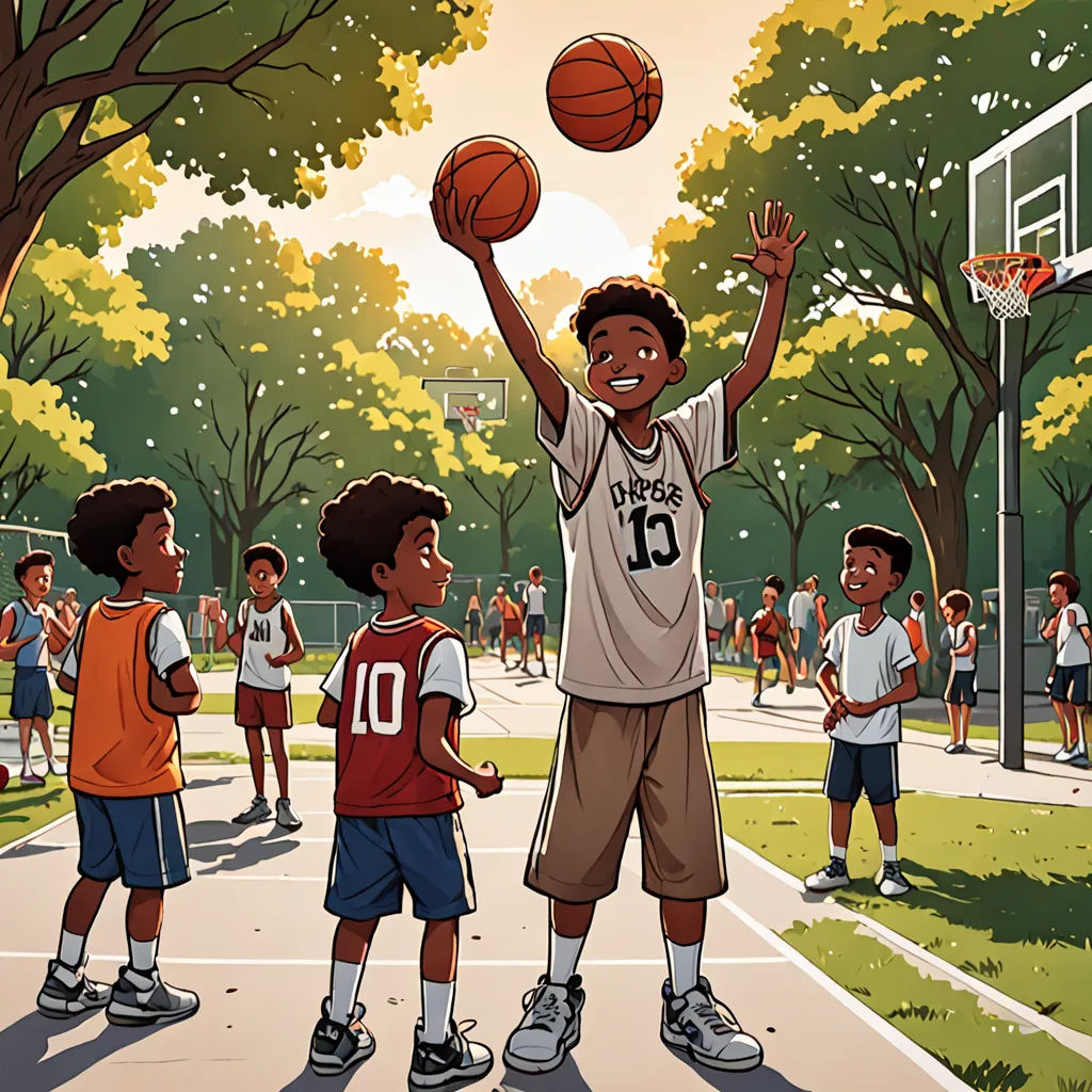 a group of young boys playing basketball on a basketball court in a park with trees and people watching from the sidelines, american scene painting, a storybook illustration, Asaf Hanuka, comic cover art